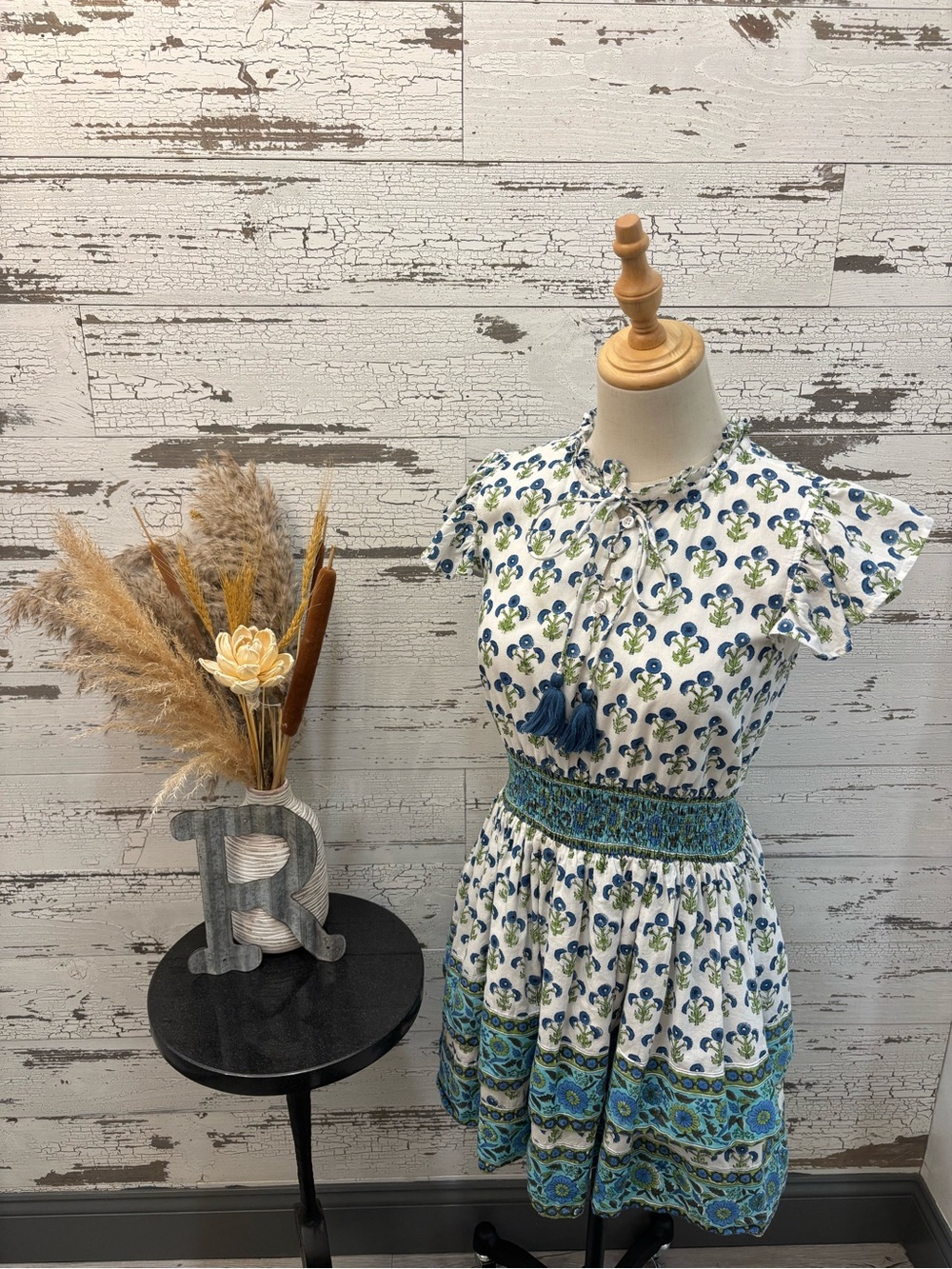 Victoria Dunn White Dress with Blue and Green Floral Print